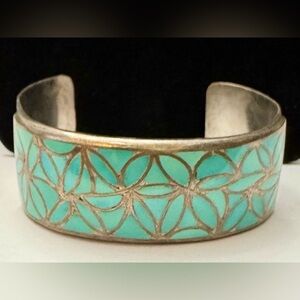 Hechilay Zuni Sterling Fish-Scale Channel Inlay Turquoise Cuff Bracelet